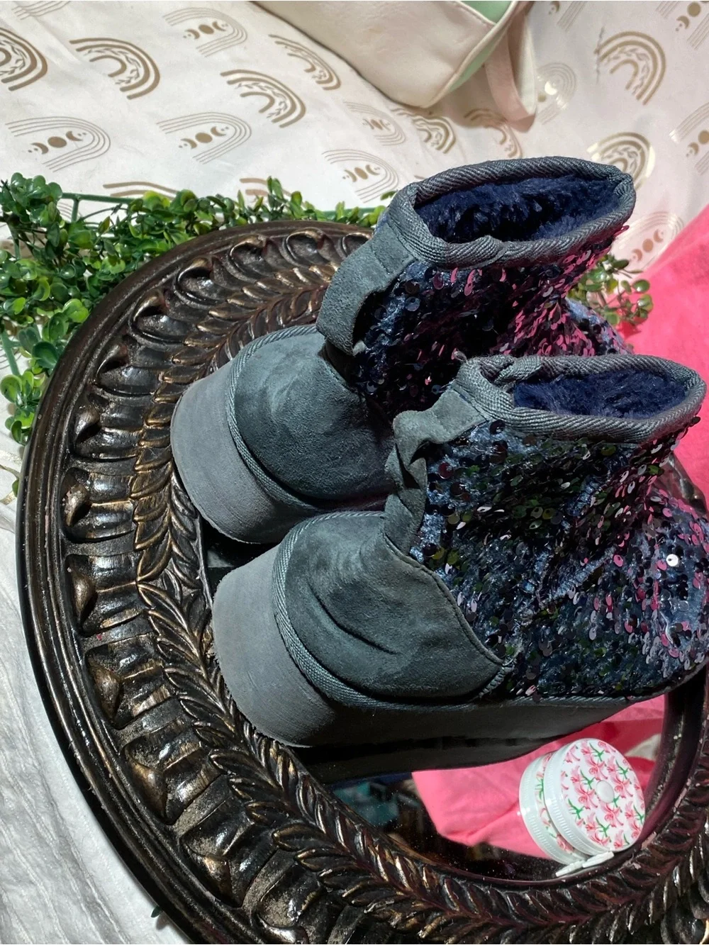 Shoe Dazzle Navy Sequin Platform Ankle Boots